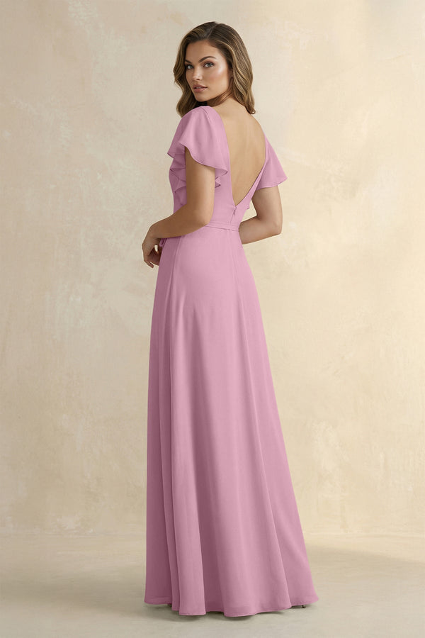 Ruffled V - Neck Chiffon A - Line Bridesmaid Dress in Vintage Mauve - KissProm Bridesmaid Dresses