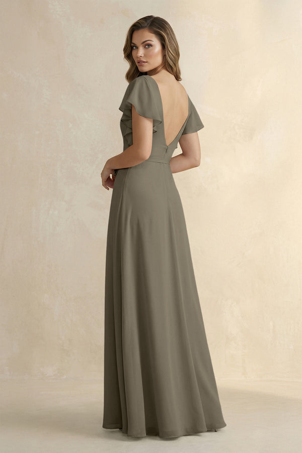 Ruffled V - Neck Chiffon A - Line Bridesmaid Dress in Willow Green - KissProm Bridesmaid Dresses