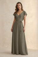 Ruffled V - Neck Chiffon A - Line Bridesmaid Dress in Willow Green - KissProm Bridesmaid Dresses