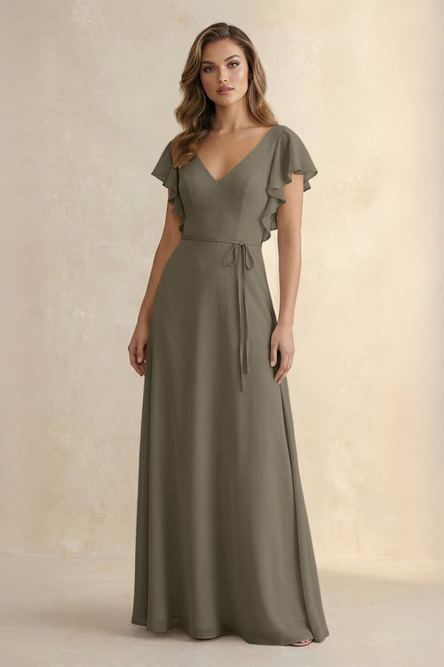 Ruffled V - Neck Chiffon A - Line Bridesmaid Dress in Willow Green - KissProm Bridesmaid Dresses