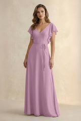 Ruffled V - Neck Chiffon A - Line Bridesmaid Dress in Wisteria - KissProm Bridesmaid Dresses