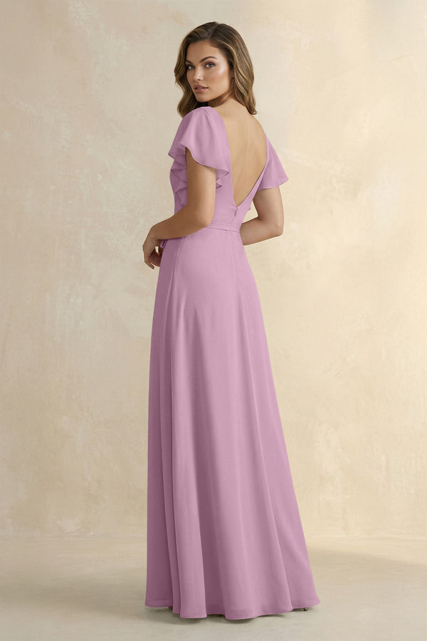 Ruffled V - Neck Chiffon A - Line Bridesmaid Dress in Wisteria - KissProm Bridesmaid Dresses
