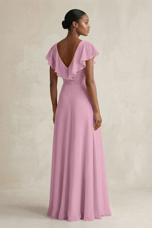 A-Line V-Neck Ruffled Sleeve Chiffon Bridesmaid Dress in Vintage Mauve - KissProm BRIDESMAID DRESSES