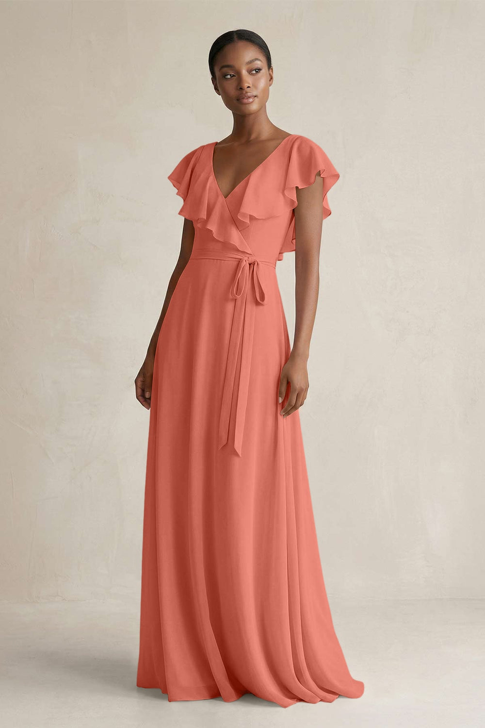 A-Line V-Neck Ruffled Sleeve Chiffon Bridesmaid Dress in Wild Rose - KissProm BRIDESMAID DRESSES