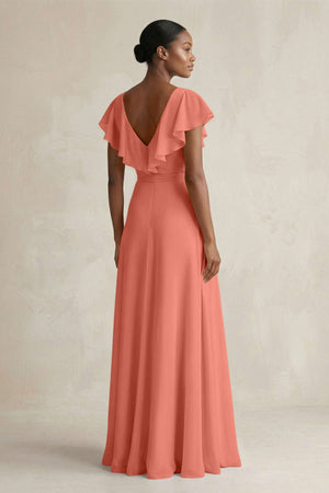 A-Line V-Neck Ruffled Sleeve Chiffon Bridesmaid Dress in Wild Rose - KissProm BRIDESMAID DRESSES