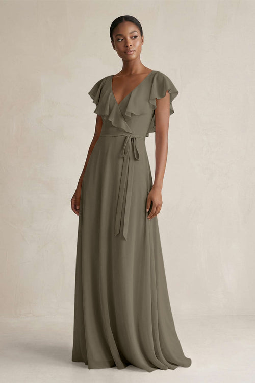 KissProm | V-Neck Ruffled Sleeve A-Line Chiffon Bridesmaid Dress in Willow Green KissProm | V-Neck Ruffled Sleeve A-Line Chiffon Bridesmaid Dress in Willow Green