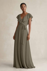 A-Line V-Neck Ruffled Sleeve Chiffon Bridesmaid Dress in Willow Green - KissProm BRIDESMAID DRESSES