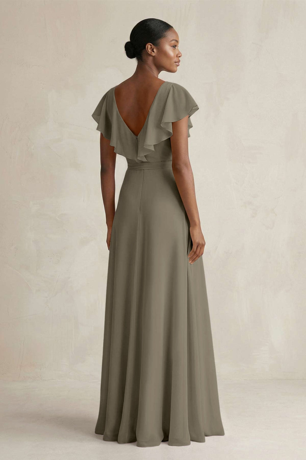 A-Line V-Neck Ruffled Sleeve Chiffon Bridesmaid Dress in Willow Green - KissProm BRIDESMAID DRESSES