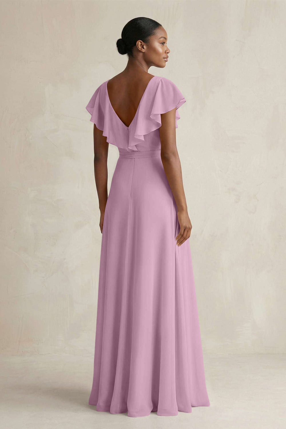 A-Line V-Neck Ruffled Sleeve Chiffon Bridesmaid Dress in Wisteria - KissProm BRIDESMAID DRESSES