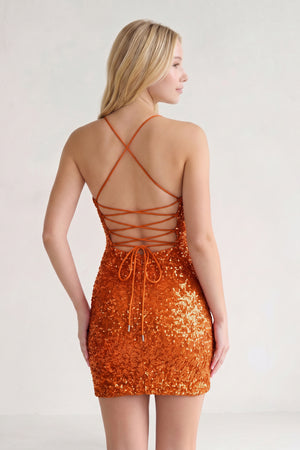 Rust Glitter Rust Sequin Spaghetti Straps Lace Up Tight Mini Party Dresses-KISSPROM