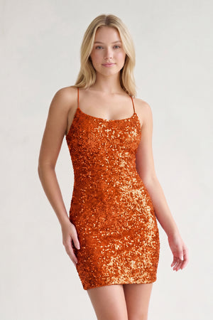 Rust Glitter Rust Sequin Spaghetti Straps Lace Up Tight Mini Party Dresses-KISSPROM