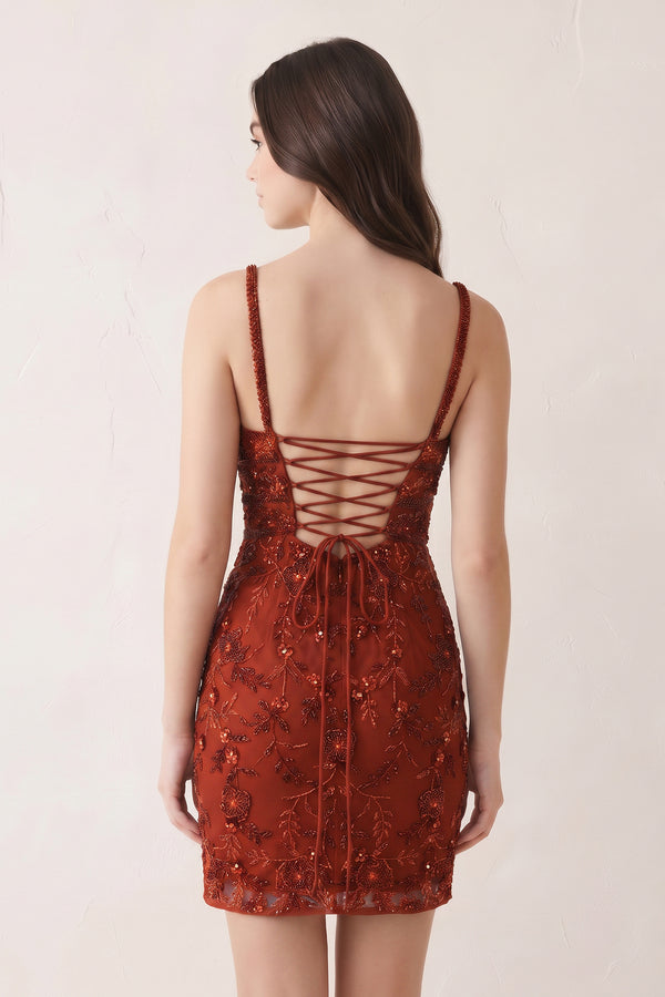 Rust Floral Lace Beaded Lace-Up Back Homecoming Dress (2) | KISSPROM