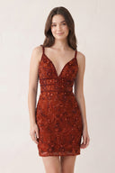 Rust Floral Lace Beaded Lace-Up Back Homecoming Dress | KISSPROM