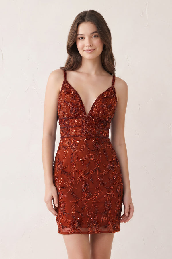 Rust Floral Lace Beaded Lace-Up Back Homecoming Dress | KISSPROM
