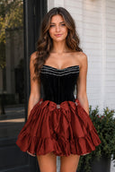 Rust Strapless A Line Velvet Homecoming Dresses With Bow | KISSPROM