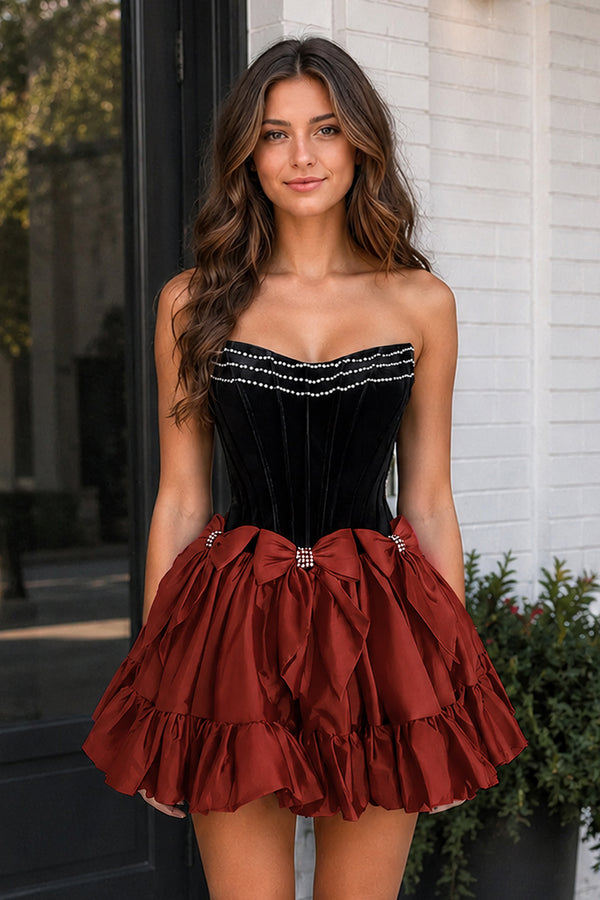 Rust Strapless A Line Velvet Homecoming Dresses With Bow | KISSPROM