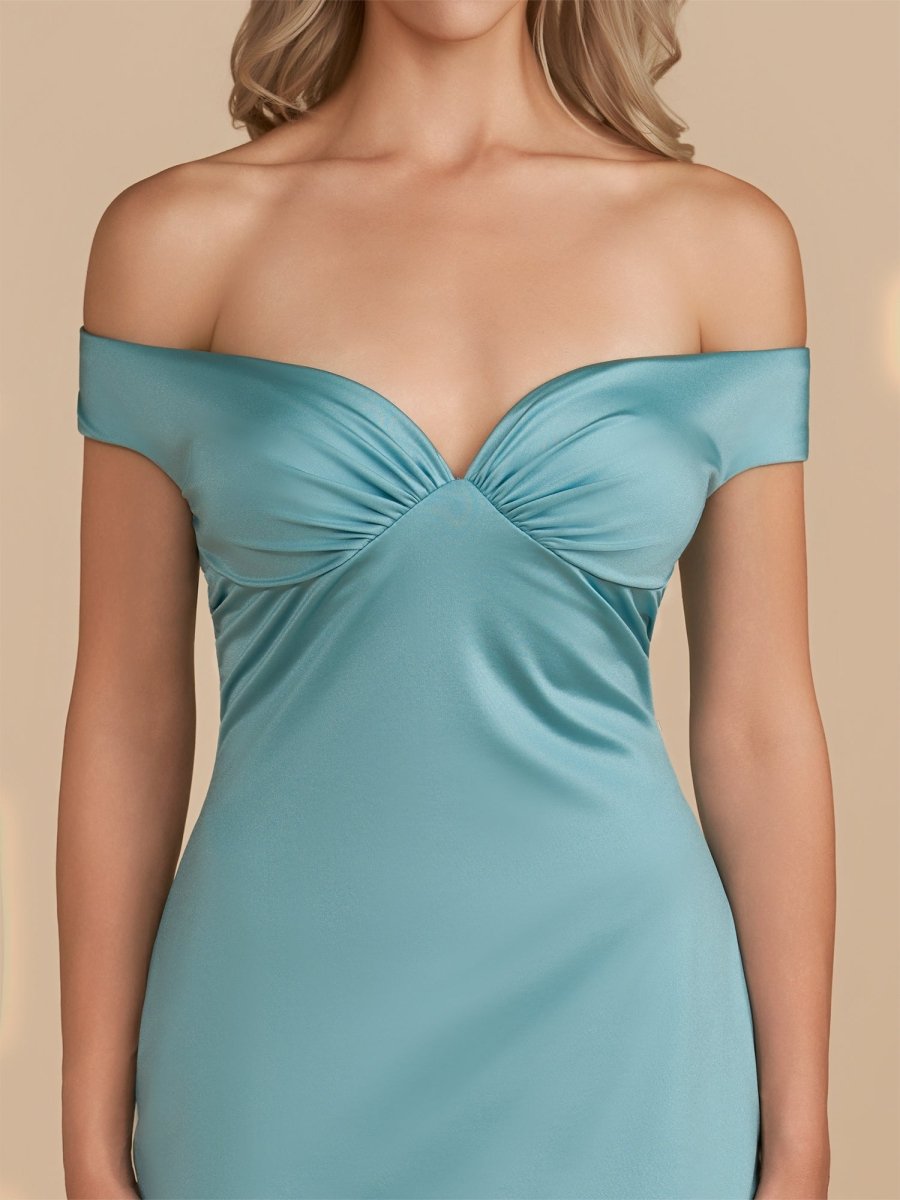 Ryna | Turquoise - Bodycon Off the Shoulder Satin Short Homecoming Dresses