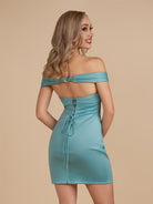 Ryna | Turquoise - Bodycon Off the Shoulder Satin Short Homecoming Dresses