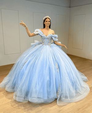 Sky Blue Tulle Off-the-Shoulder Quinceanera Dresses with Bows