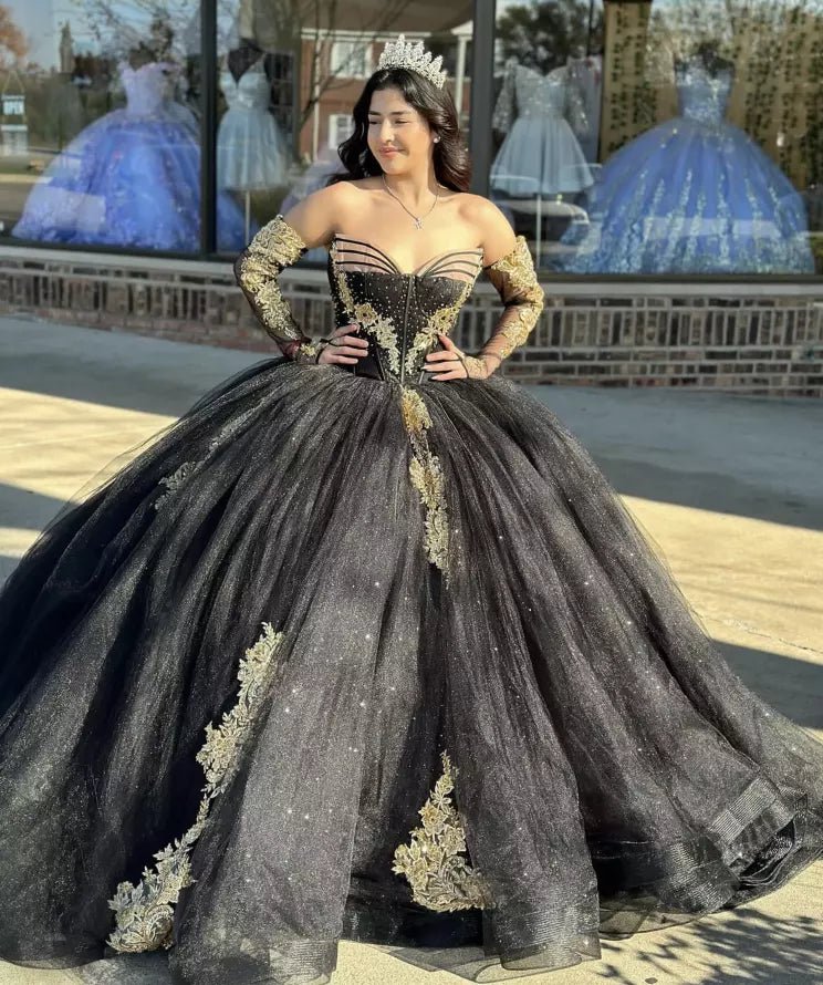 Black Long Sleeves Strapless Quinceanera Dresses with Appliques Black / 00