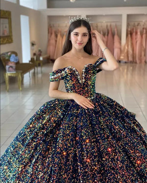 Sequined Ball - Gown Off Shoulder Beaded Velvet Quinceanera Dresses - KissProm