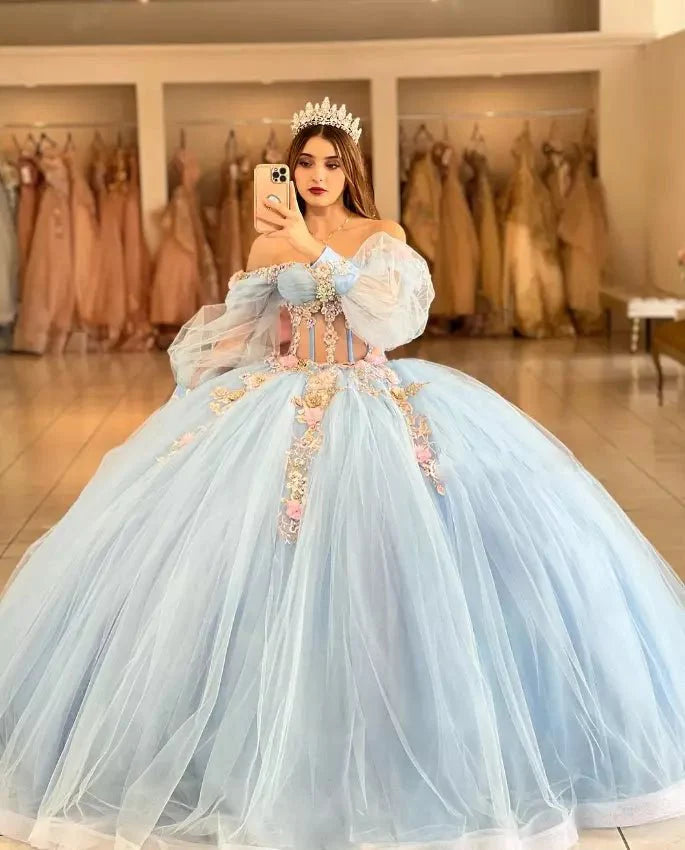 Sky Blue Quinceanera Dresses with 3D Flowers and Half Sleeve Sky Blue / 2