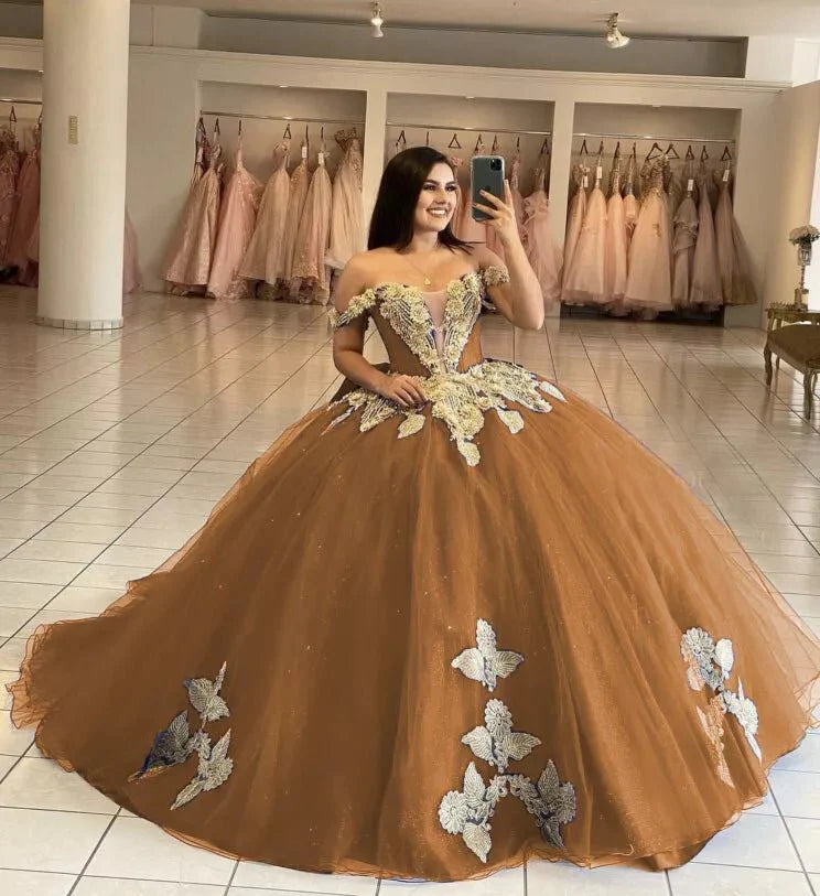 brown 15 dresses Shiny Coffee Strapless Beaded Quinceaera Ballgown