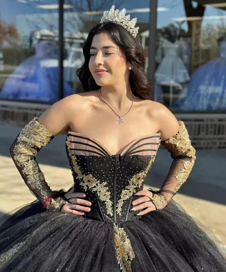 Black Long Sleeves Strapless Quinceanera Dresses with Appliques Black / 00