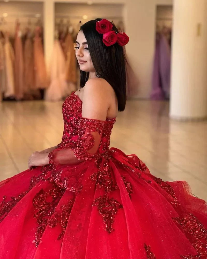 Red Sweetheart Quinceanera Dresses with Long Sleeves Red / 16