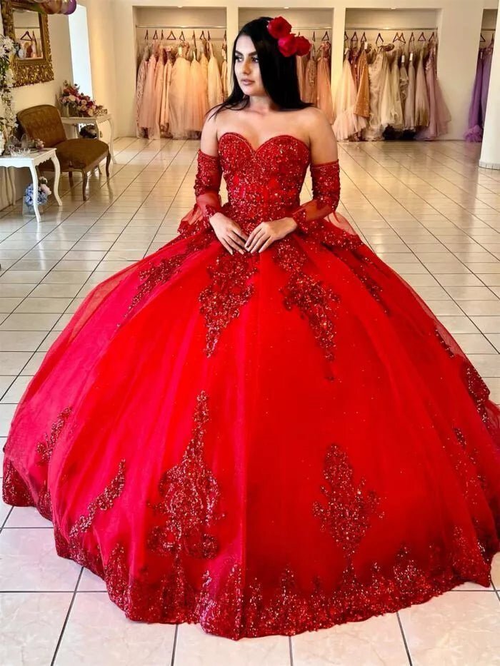 Red Sweetheart Quinceanera Dresses with Long Sleeves