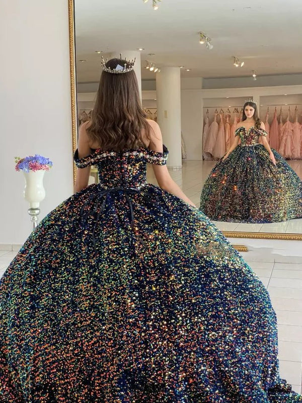 Sequined Ball - Gown Off Shoulder Beaded Velvet Quinceanera Dresses - KissProm
