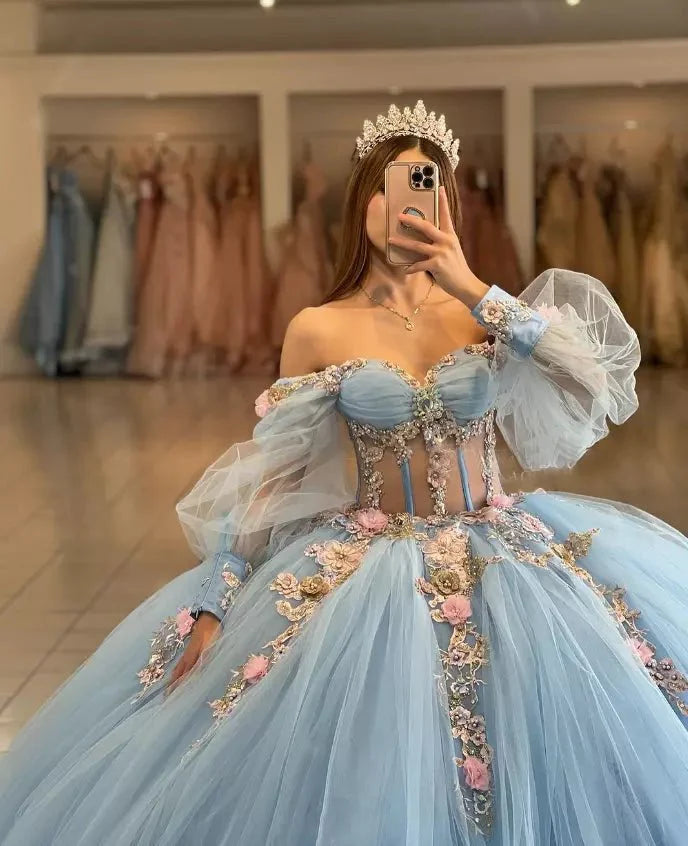 Sky Blue Quinceanera Dresses with 3D Flowers and Half Sleeve Sky Blue / 2