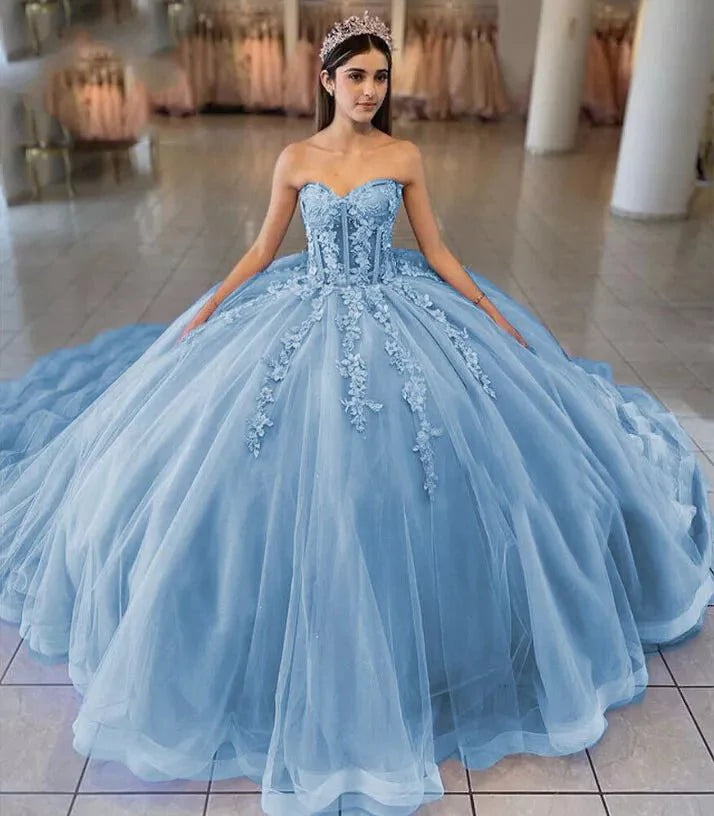 Sky Blue Ball-Gown Tulle 3D Flowers Sweetheart Quinceanera Dresses Sky Blue / 6 Sky Blue Ball-Gown Tulle 3D Flowers Sweetheart Quinceanera Dresses Sky Blue / 6