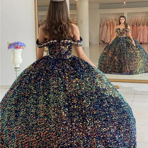 Sequined Ball - Gown Off Shoulder Beaded Velvet Quinceanera Dresses - KissProm
