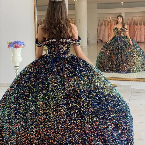 Sequined Ball - Gown Off Shoulder Beaded Velvet Quinceanera Dresses - KissProm