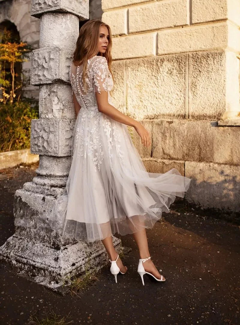 Tea Length Sleeves Ethereal Modern A-Line V-Neck Button Back Wedding D Tea Length Sleeves Ethereal Modern A-Line V-Neck Button Back Wedding D