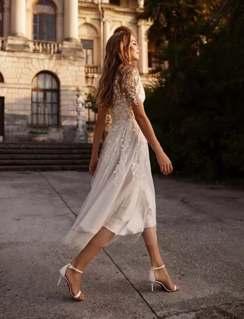 Tea Length Sleeves Ethereal Modern A-Line V-Neck Button Back Wedding D