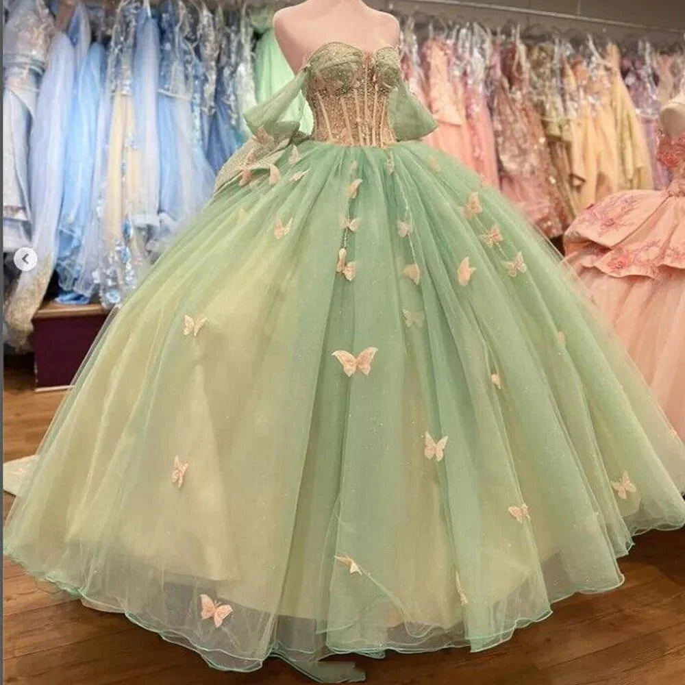 Ball Gown Sage Green Tulle Quinceanera Dress With Butterflies Sage Green / 10