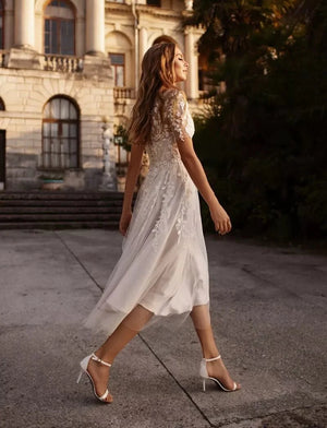 Jayline | Tea Length Sleeves Ethereal Modern A-Line V-Neck Button Back Wedding Dress