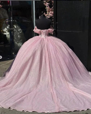 Carine | Glitter Off The Shoulder Pink Ball Gown Quinceanera Dresses