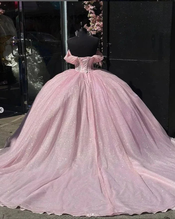 Carine | Glitter Off The Shoulder Pink Ball Gown Quinceanera Dresses
