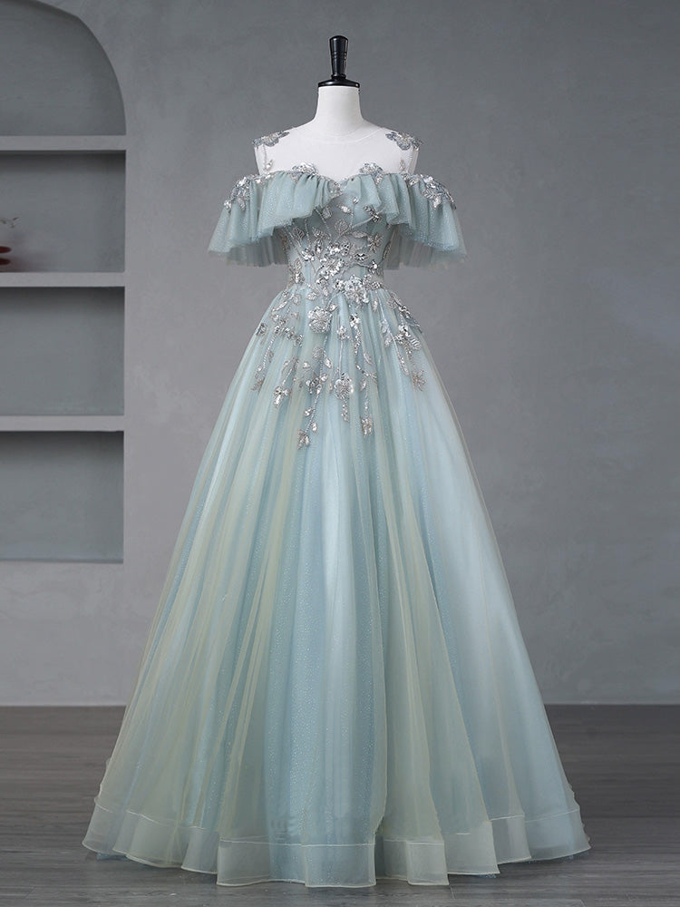 Quinceanera Dress A-Line Blue Tulle sequin Lace Long Prom Dress Blue Lace Sweet Dress