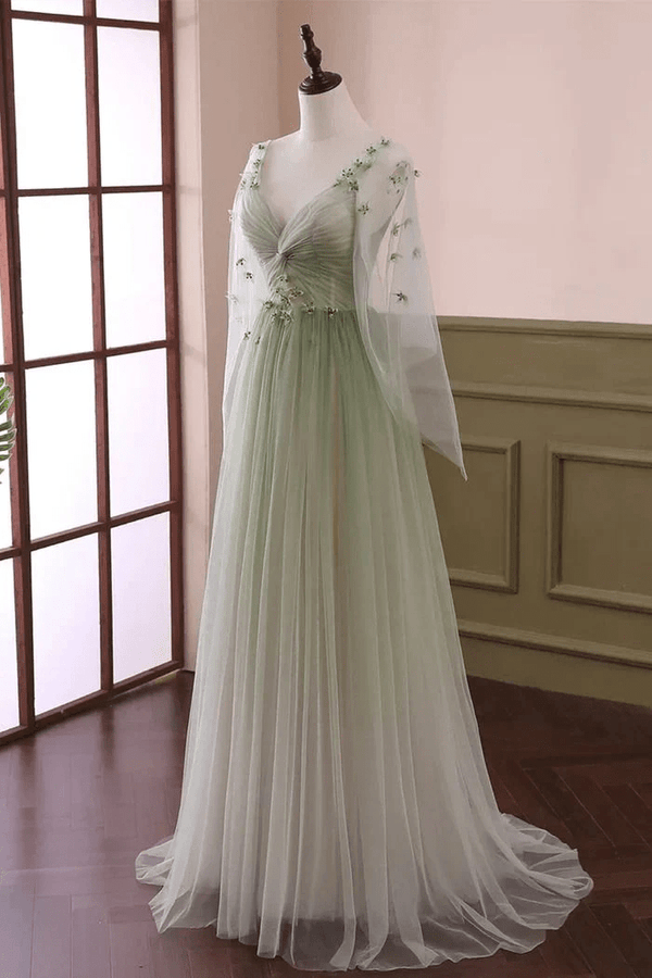 Sage Long Sleeves A Line Tulle Prom Dress with Appliques Sage Green / 00 Sage Long Sleeves A Line Tulle Prom Dress with Appliques Sage Green / 00