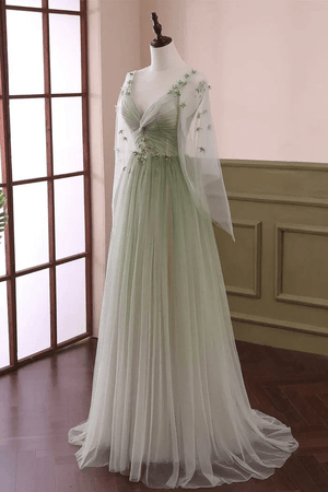 Sage Long Sleeves A Line Tulle Prom Dress With Appliques – Prom Dresses by KissProm | Available at KissProm