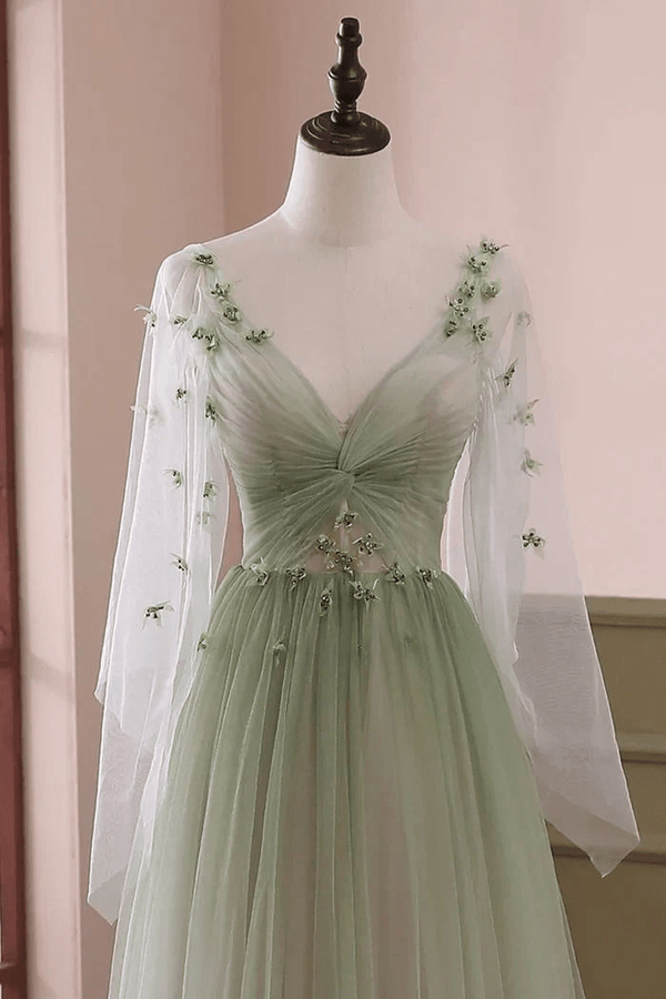 Sage Long Sleeves A Line Tulle Prom Dress With Appliques – Prom Dresses by KissProm | Available at KissProm