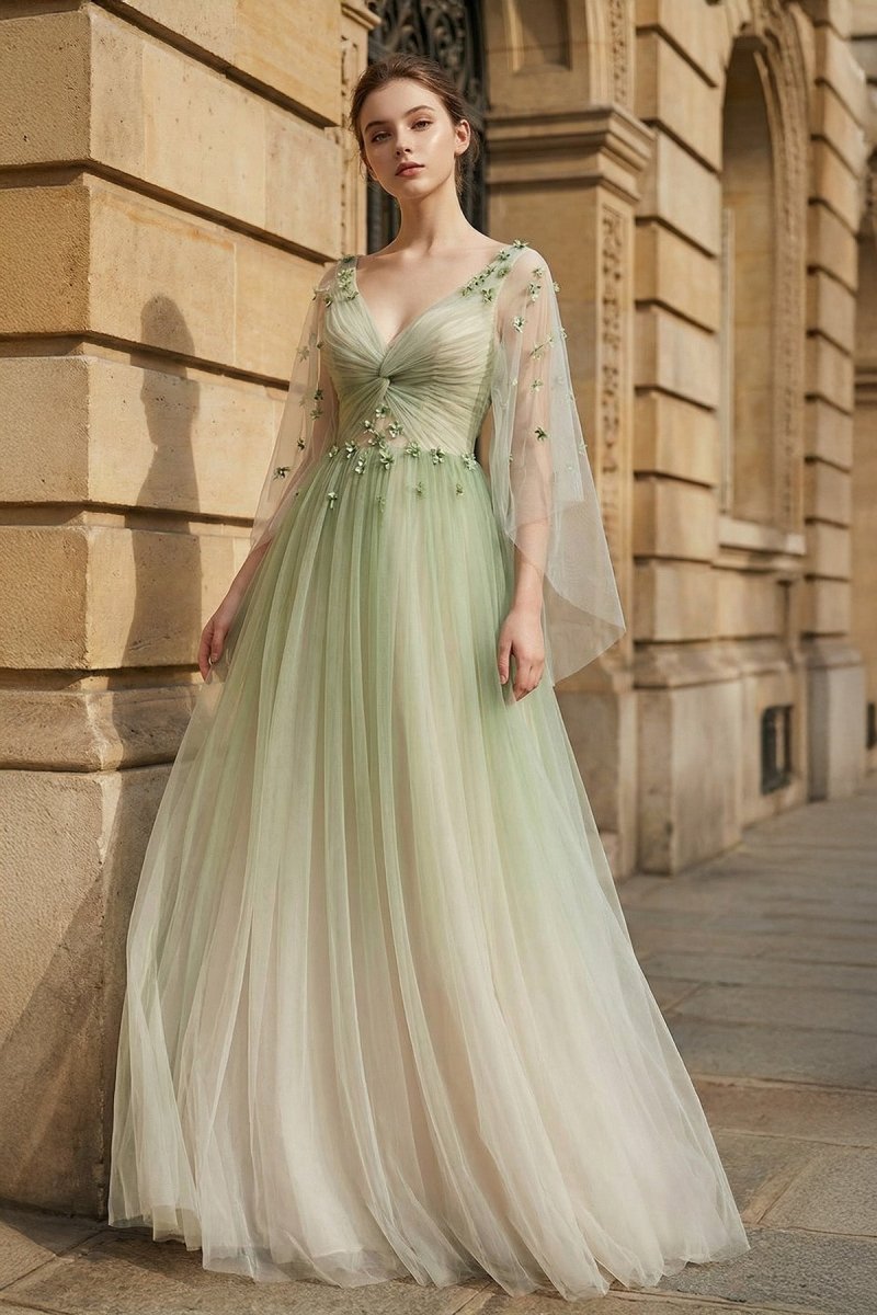 Sage Long Sleeves A Line Tulle Prom Dress With Appliques - KissProm