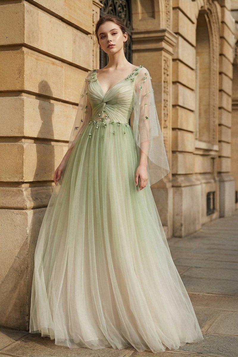 KissProm Sage Long Sleeves A Line Tulle Prom Dress With Appliques, Sage Green / 2