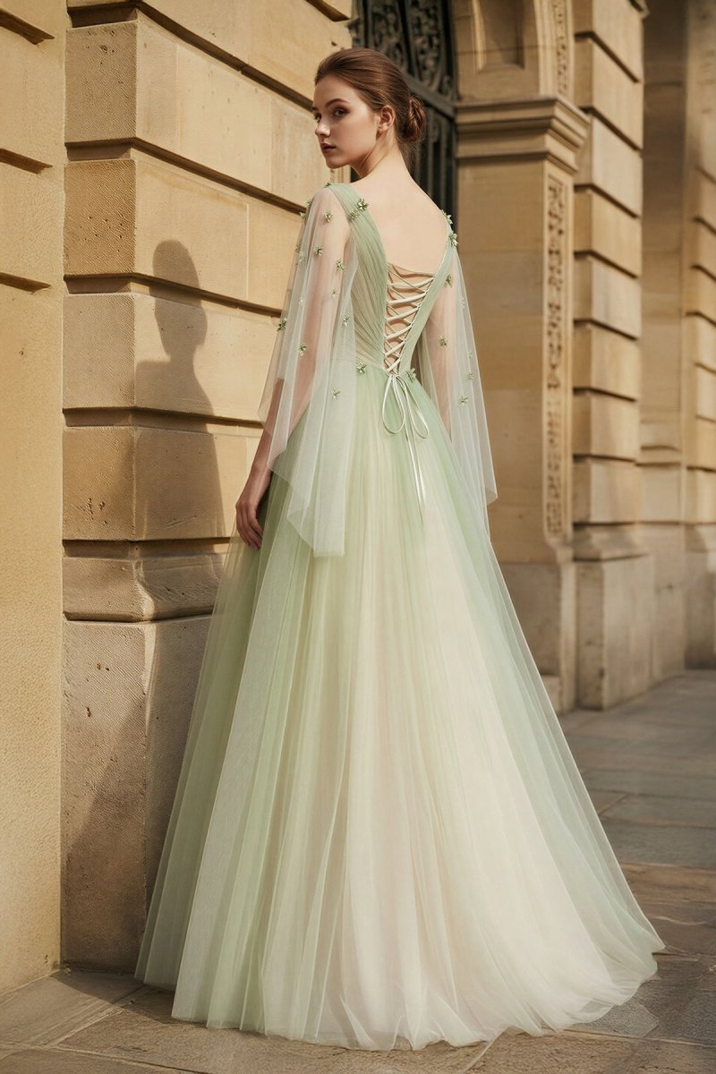 KissProm Sage Long Sleeves A Line Tulle Prom Dress With Appliques, Sage Green / 2