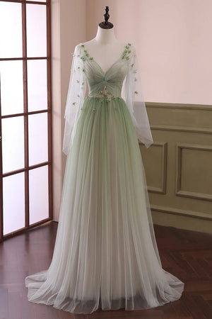 Sage Long Sleeves A Line Tulle Prom Dress With Appliques – Prom Dresses by KissProm | Available at KissProm