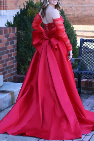 Sabriel | Red Sweetheart Satin Beaded Long Prom Dress With Split - KissProm
